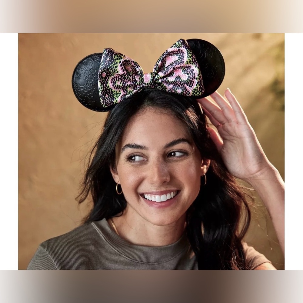Loungefly Black Mickey Ear Headband with Pink Leopard Bow